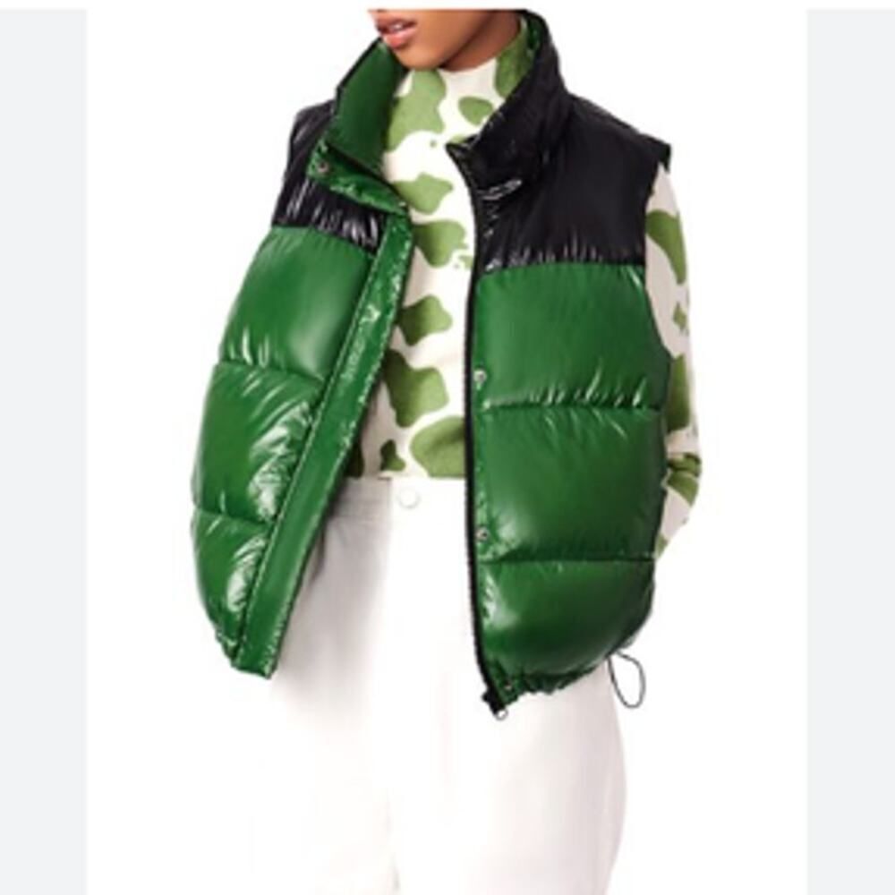 Bernie Bernardo Color Block Puffer Vest Green Black Women's Size Medium NWT